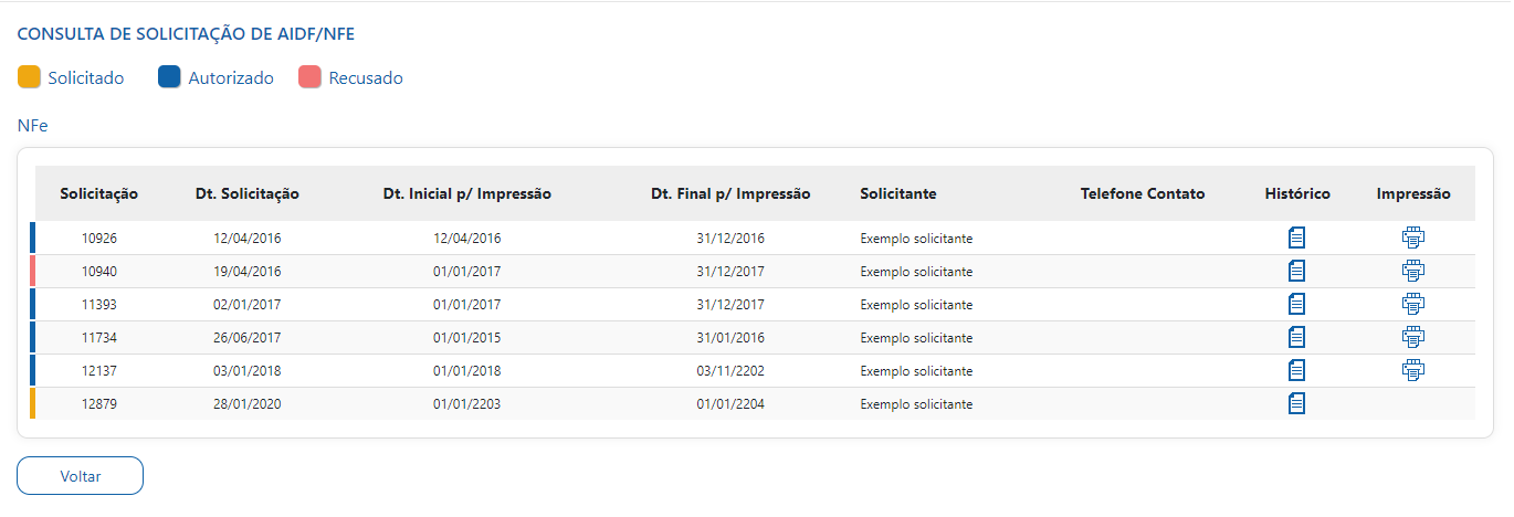 Tela do livro fiscal do tomador