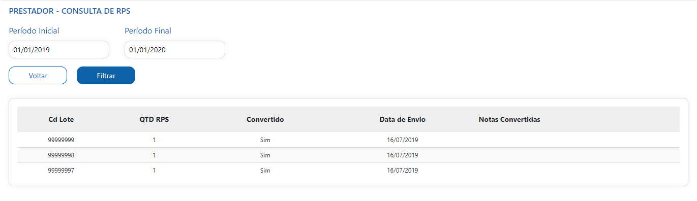 Tela de consulta de escrituração do prestador