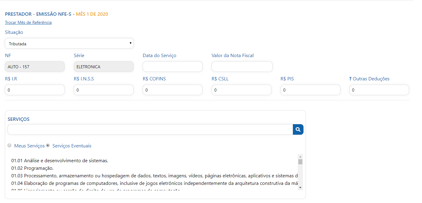 Tela de emissão de nota fiscal de serviços eletrônica - dados da nota