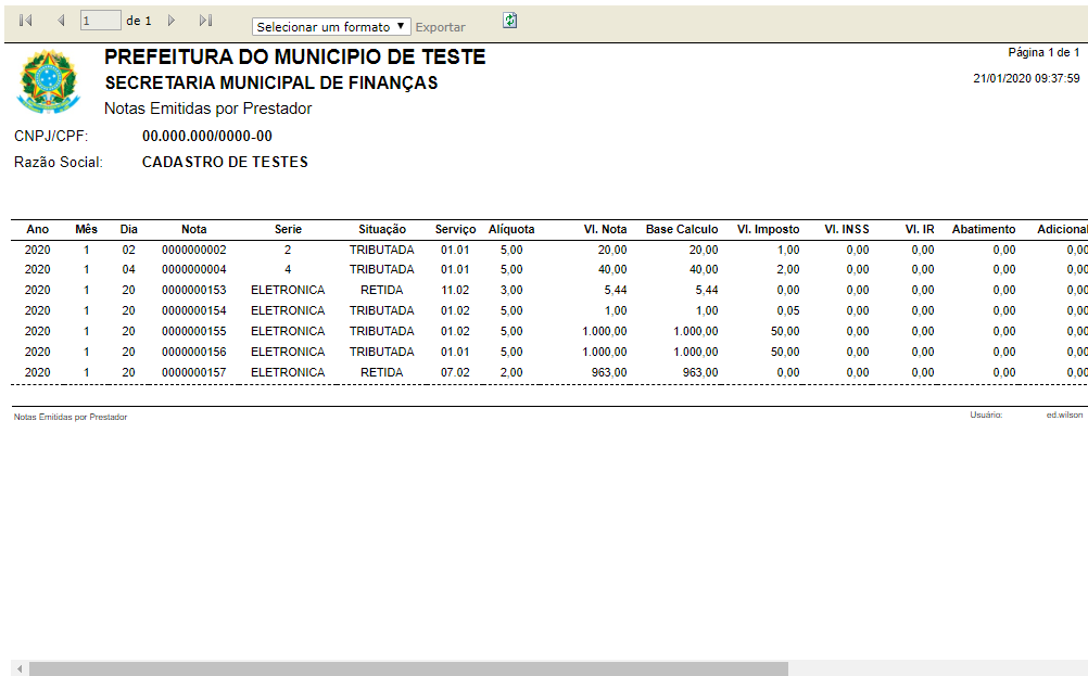 Tela de consulta de escrituração do prestador