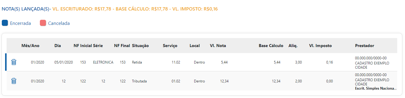 Tela de consulta de escrituração do prestador