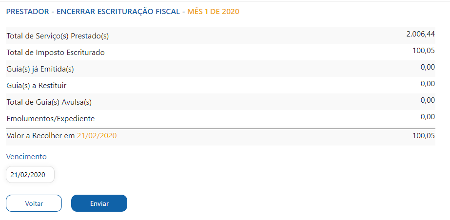 Tela de encerramento de escrituração fiscal