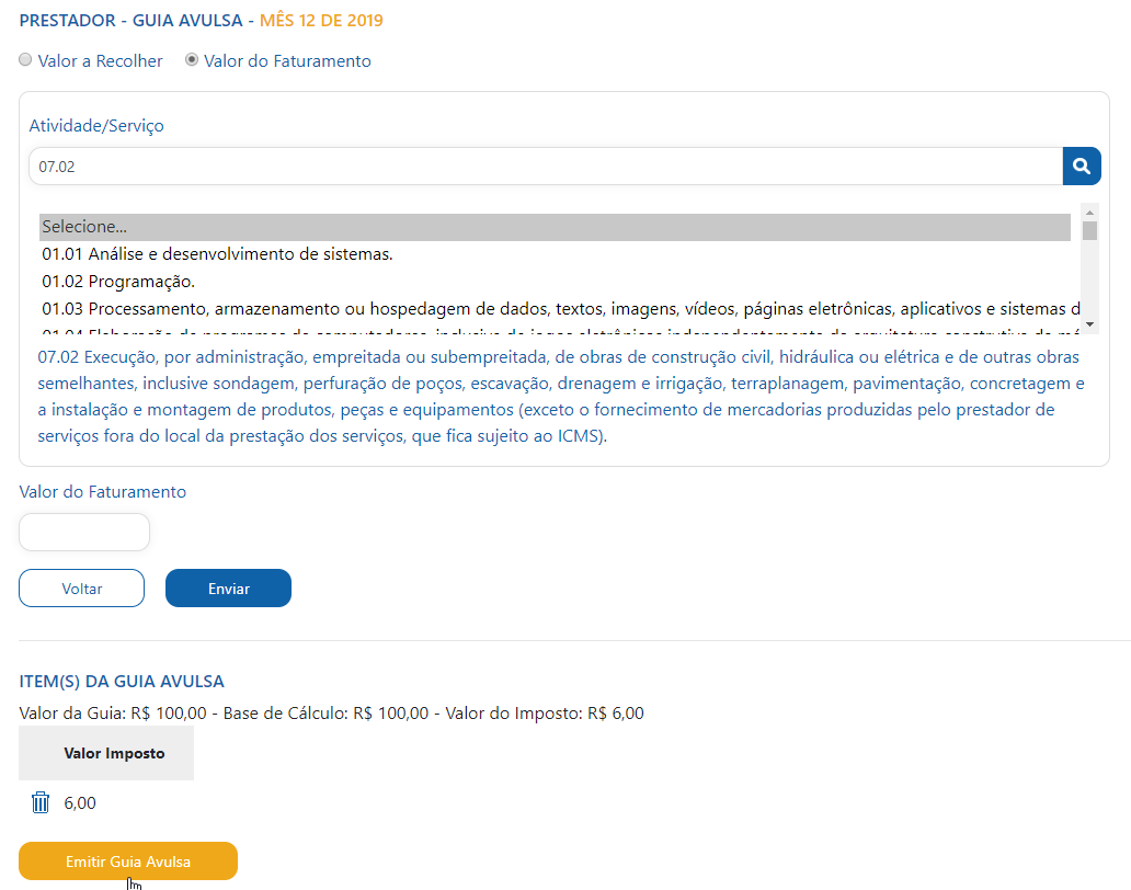 Tela de consulta de escrituração do prestador