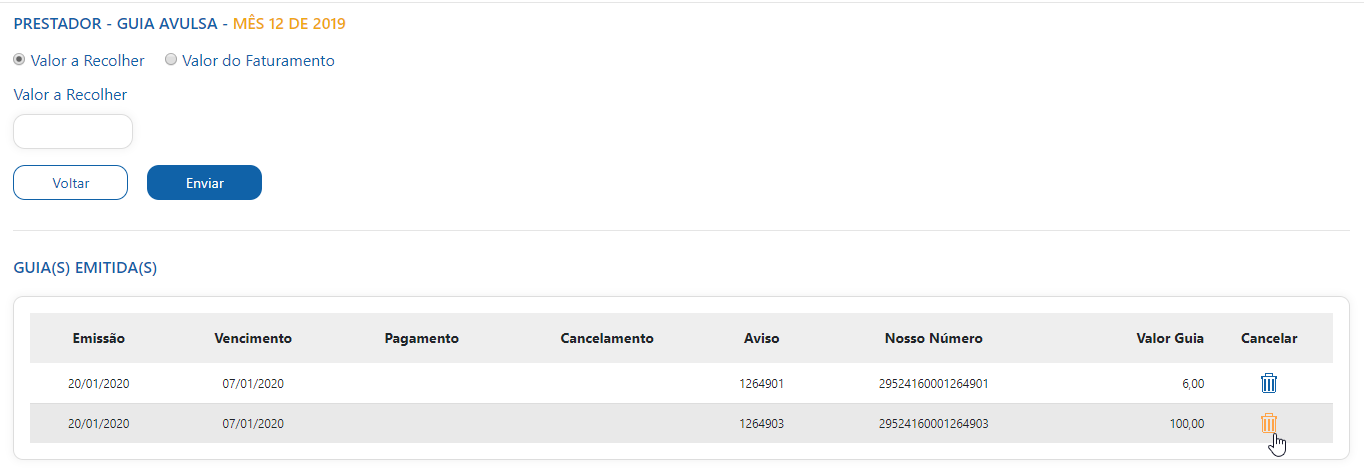 Tela de consulta de escrituração do prestador