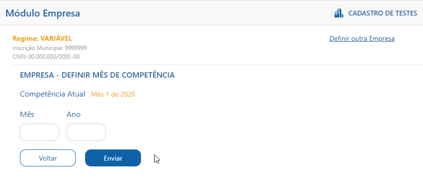 Tela de definir mês de competência