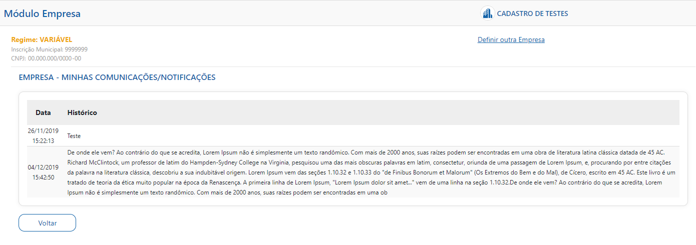 Tela de comunicados
