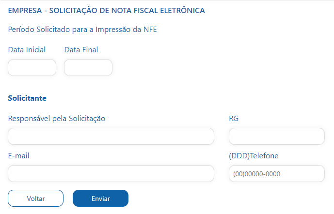 Tela do livro fiscal do tomador
