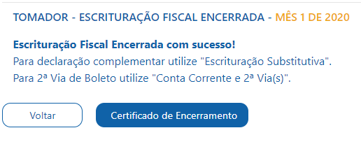 Tela de encerramento de escrituração fiscal