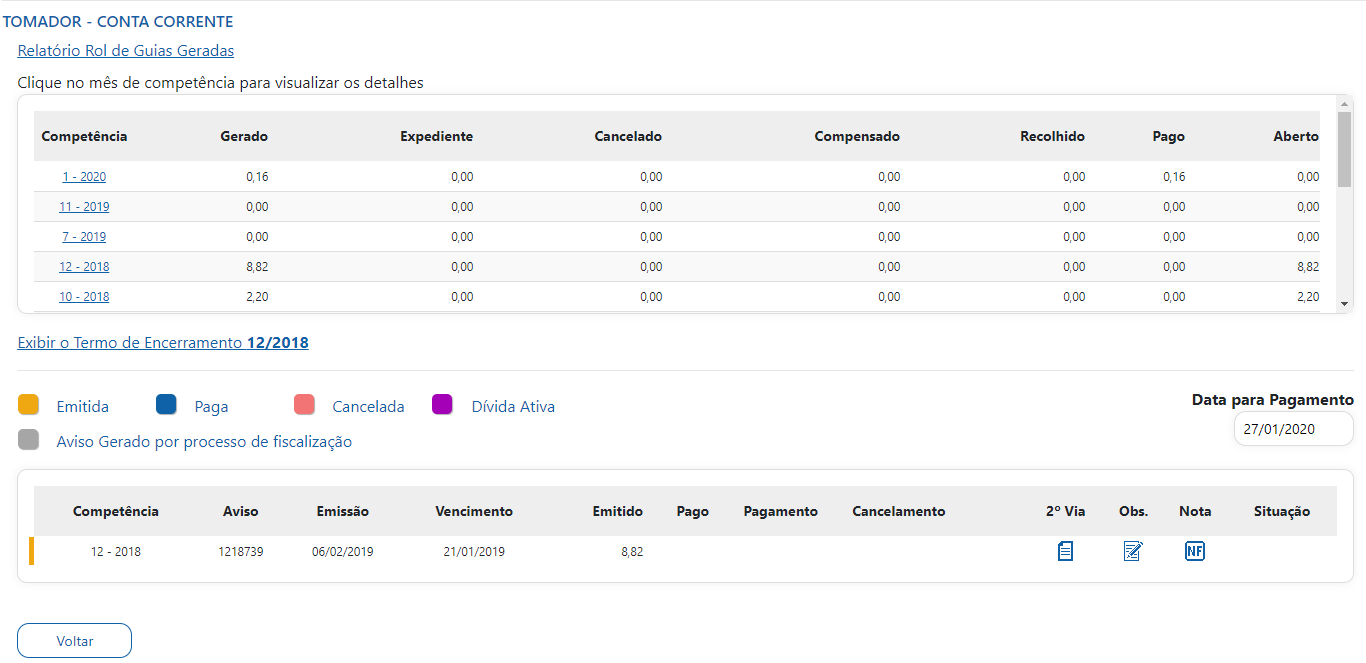 Tela de consulta de escrituração do prestador