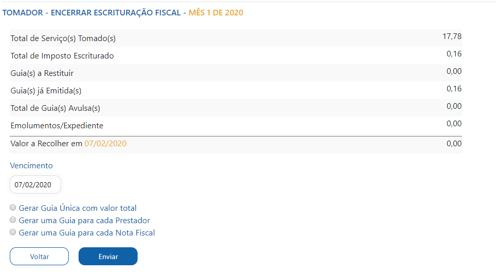 Tela de encerramento de escrituração fiscal