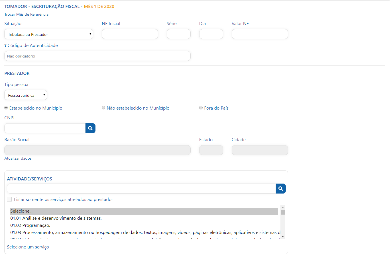Tela de consulta de escrituração do prestador