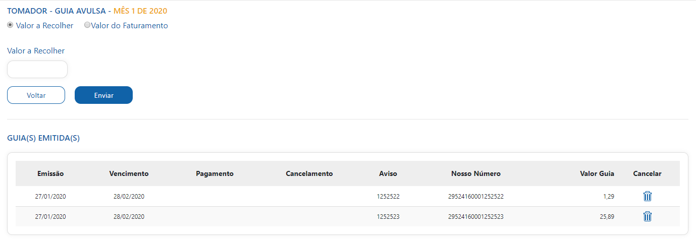 Tela de consulta de escrituração do prestador