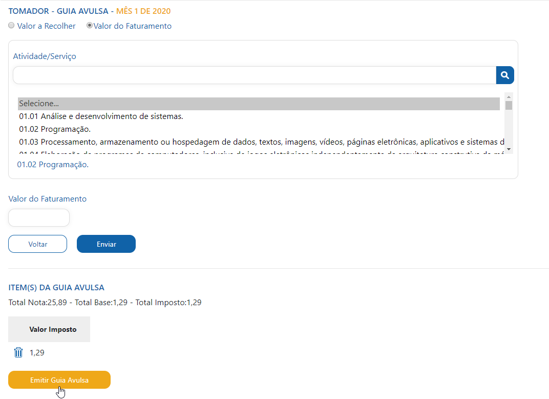 Tela de consulta de escrituração do prestador