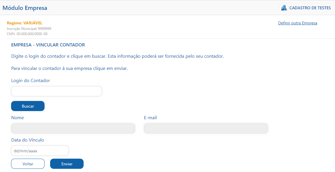 Tela de vincular minha empresa ao contador